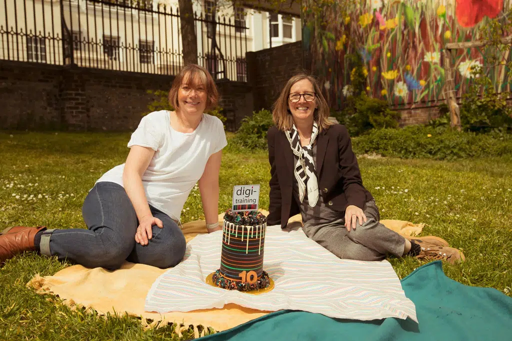 digi-training co-founders Clare Davey and Catherine Whiteoak with their 10th birthday cake