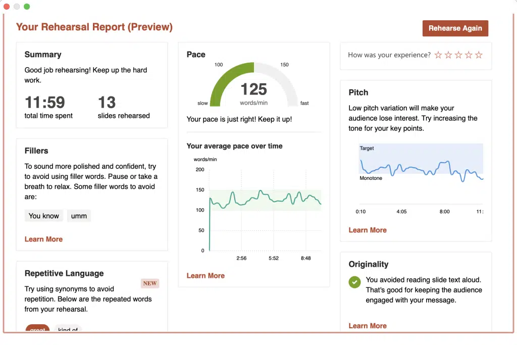 Speaker coach report in PowerPoint
